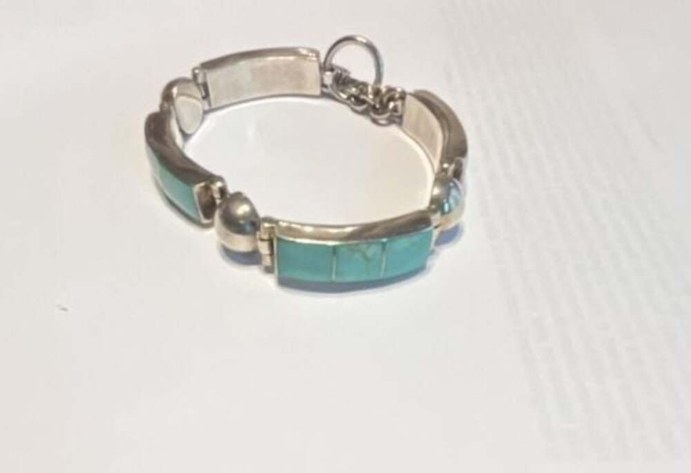 Vintage Sterling Silver and Turquoise Inlay Hinged Link Bracelet